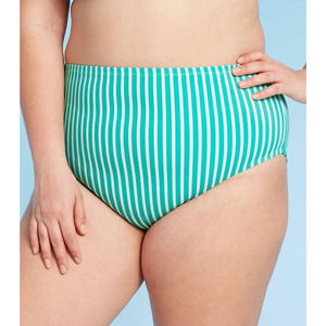 Kona Sol Women's Plus Striped High Coverage Hipster Bikini Green 16W / 18W